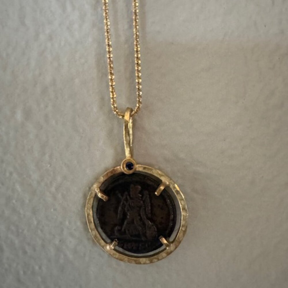 Ancient Coin Pendant Necklace | 14kt Gold Spiga Chain | Sapphire | Nike Victory - Picture 5 of 8